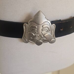 Evisu Buddha Head Belt, Vintage, Silvertone Buckle on Black Leather Strap, EUC,